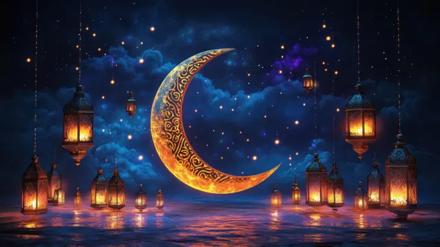 Glowing crescent moon in a starry night sky with hanging lanterns reflecting on calm water.