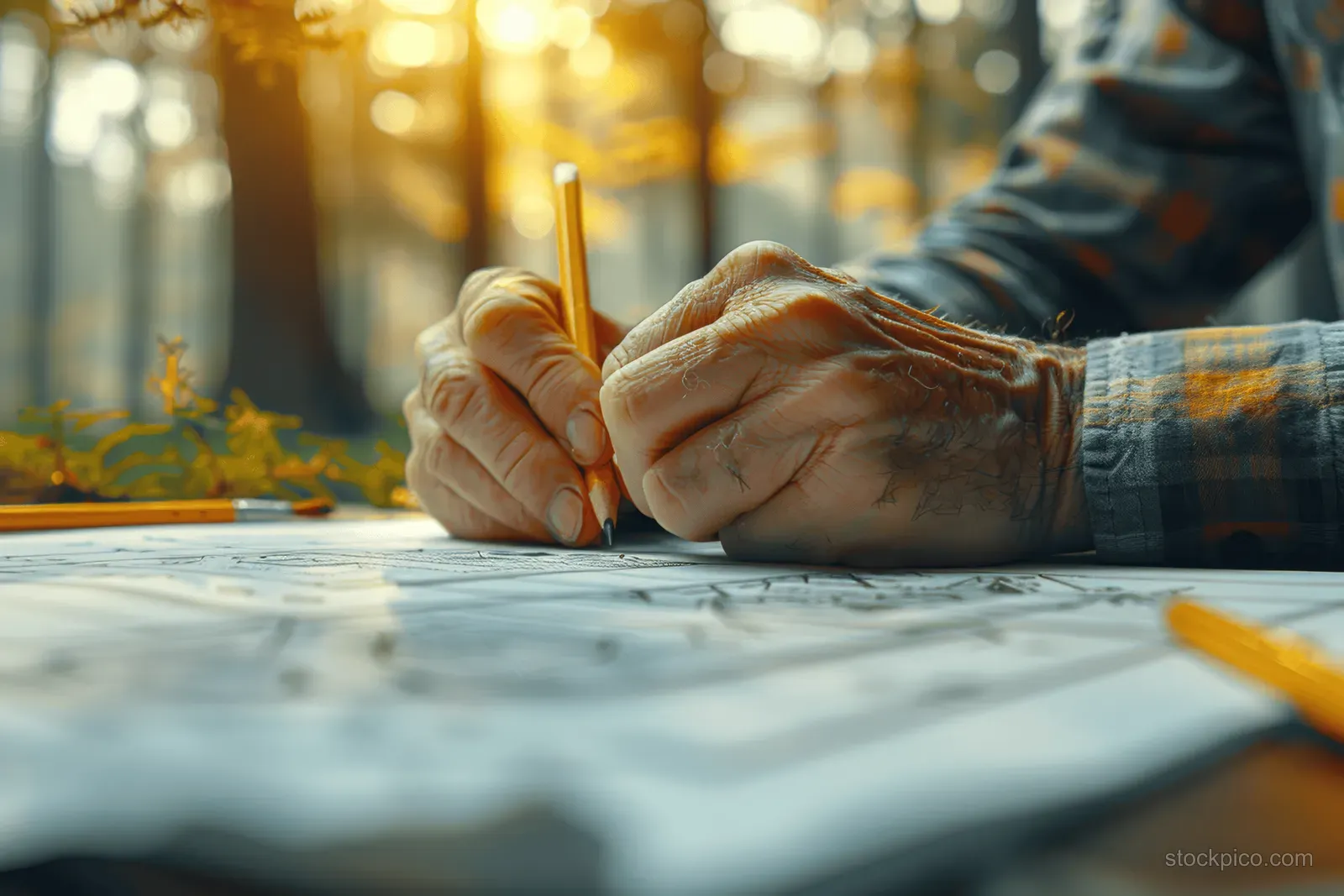 Elderly hands sketching with a yellow pencil on paper outdoors in a sunlit forest.