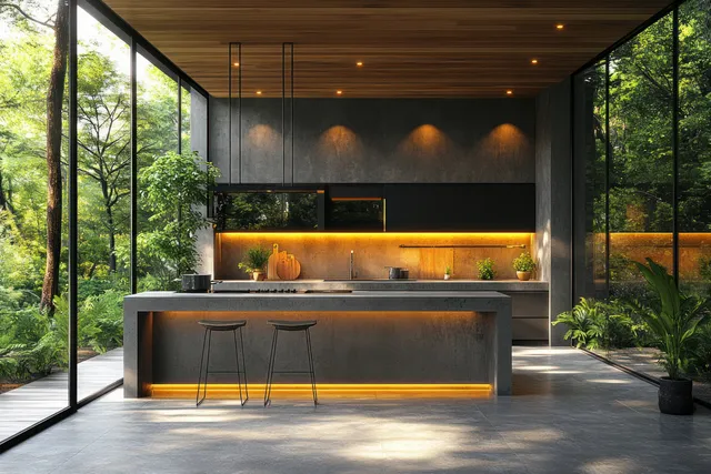 Minimalist kitchen with concrete island, bar stools, warm lights, and floor-to-ceiling windows opening to greenery.