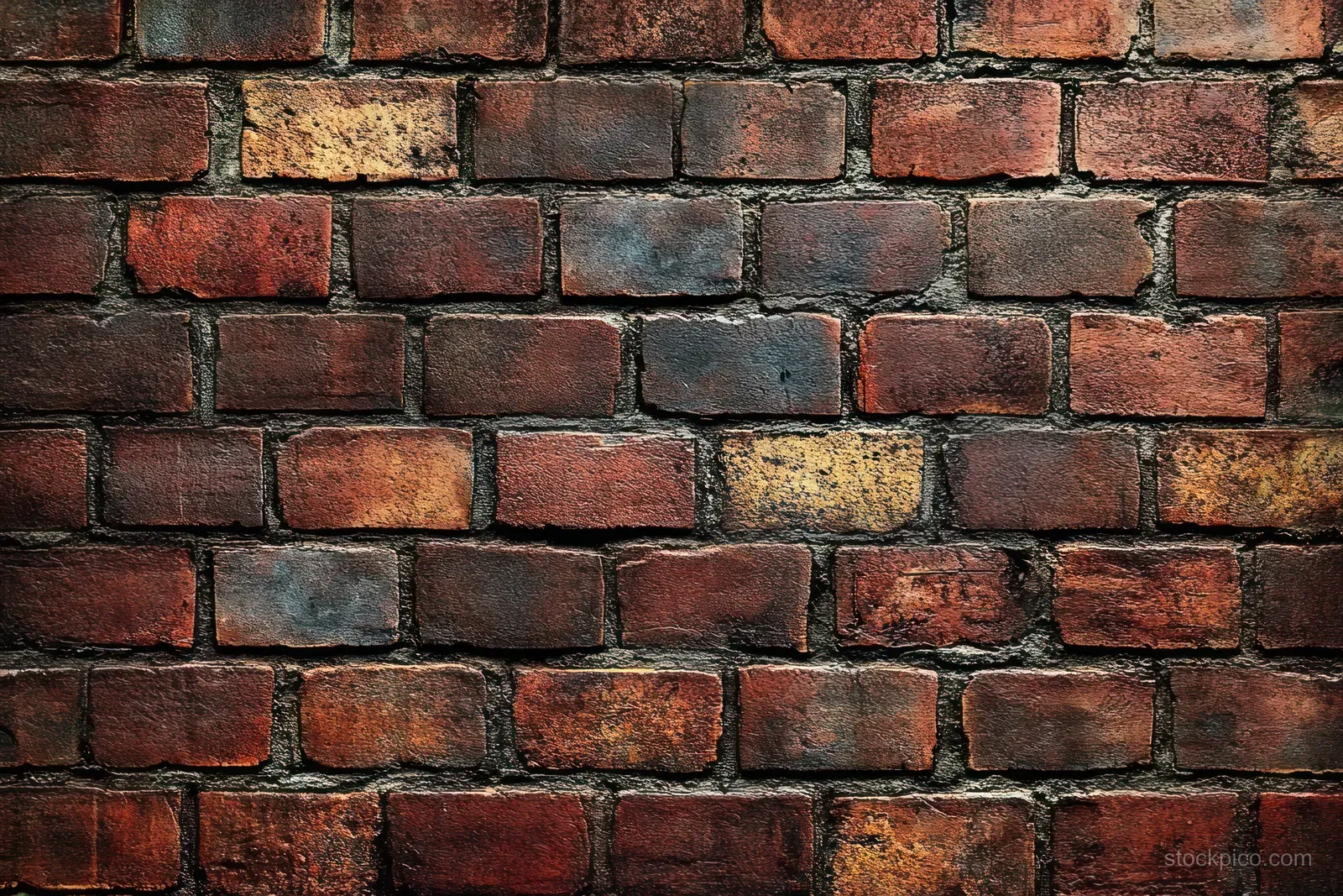 Close-up of an old brick wall with mixed red, brown, yellow, and black bricks and visible mortar between them.