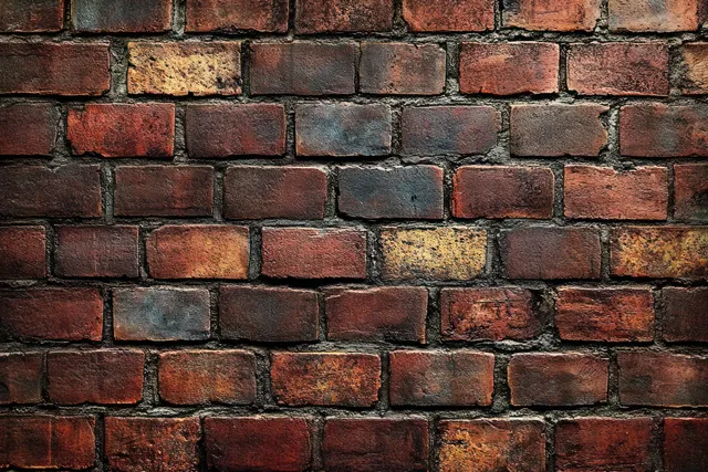 Close-up of an old brick wall with mixed red, brown, yellow, and black bricks and visible mortar between them.