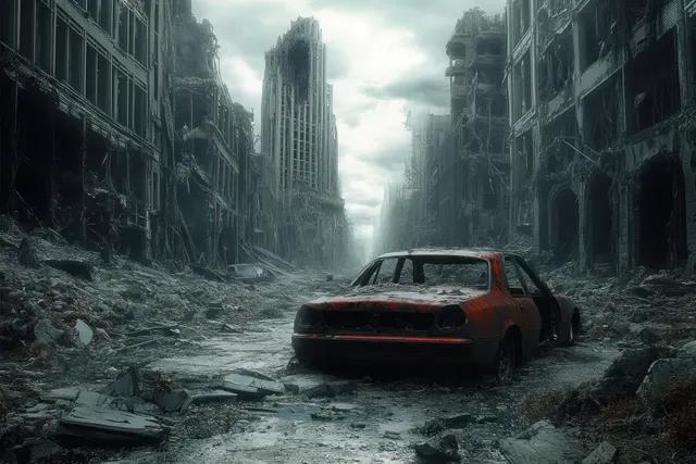 A rusted red car rests in a rubble-strewn street between crumbling skyscrapers under smoky gray skies.
