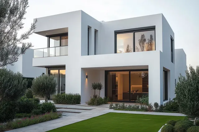 Modern two-story white house with large windows and landscaped shrubs along a driveway.