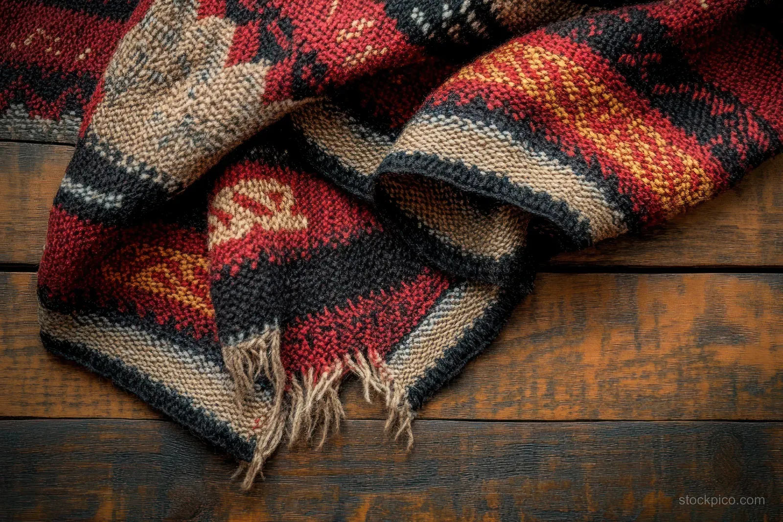 Woven blanket with geometric red, black, beige, and yellow patterns and fringes lying on rustic wooden boards.