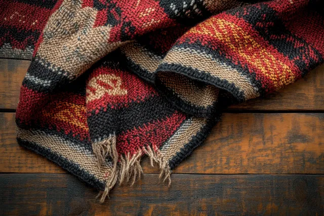 Woven blanket with geometric red, black, beige, and yellow patterns and fringes lying on rustic wooden boards.