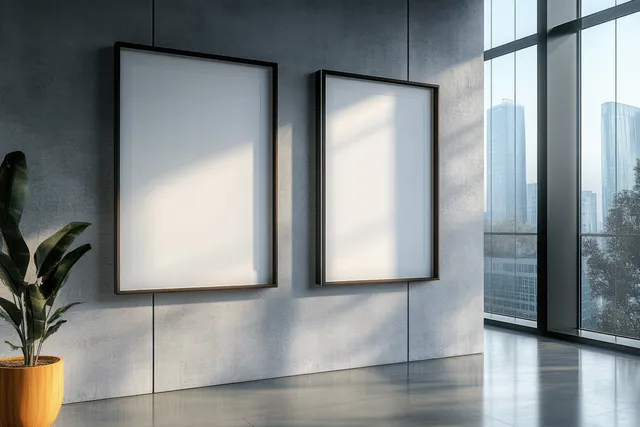 Two blank picture frames hang on a concrete wall beside a potted green plant and bright floor-to-ceiling city windows.