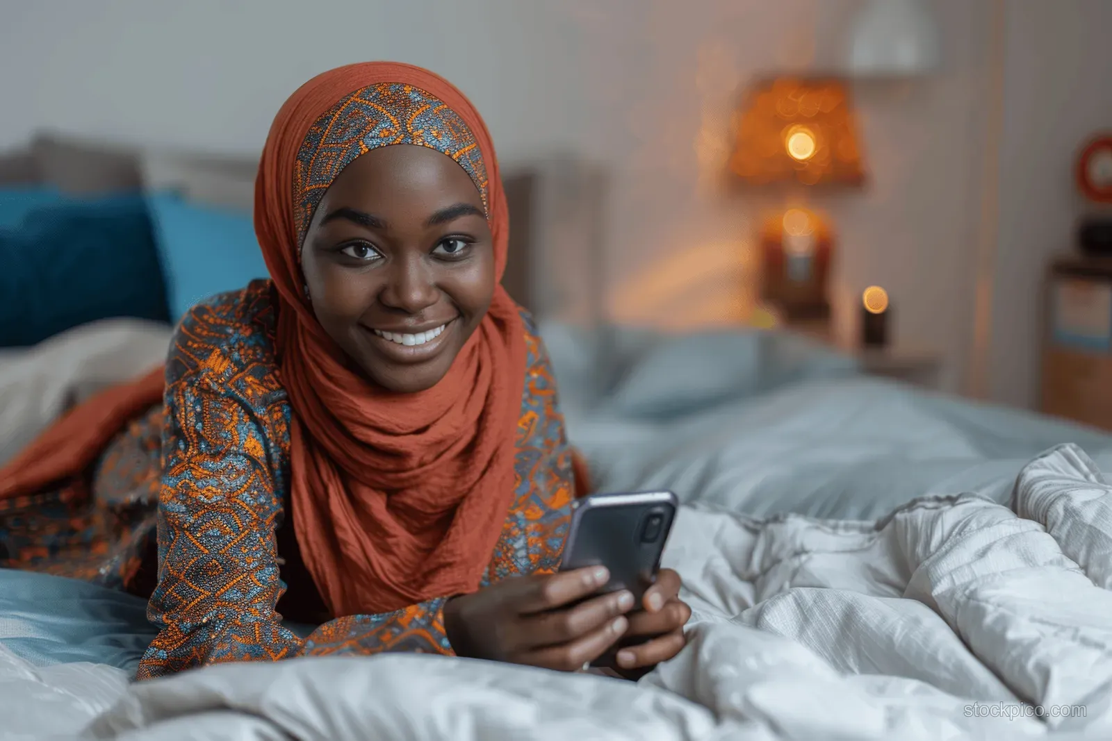 Smiling young woman in hijab holding a smartphone on a bed in a softly lit bedroom.