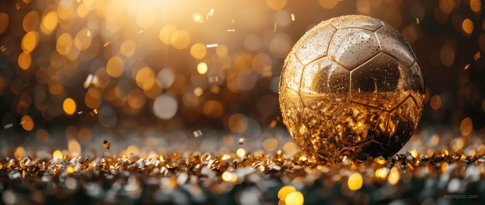 Golden soccer ball surrounded by gold confetti on a blurred stadium turf background.