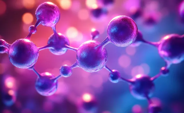 Neon purple 3D molecular chains with glowing spherical atoms float over a blurred purple and blue background.