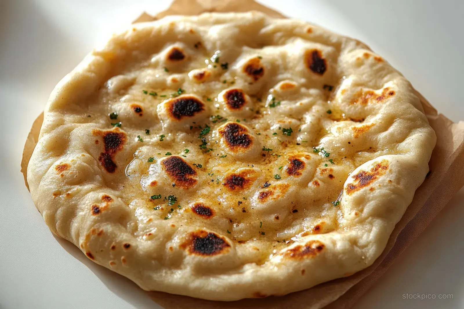 Freshly baked naan bread with golden char marks and herbs on parchment paper under warm light.