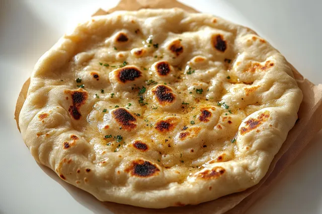 Freshly baked naan bread with golden char marks and herbs on parchment paper under warm light.