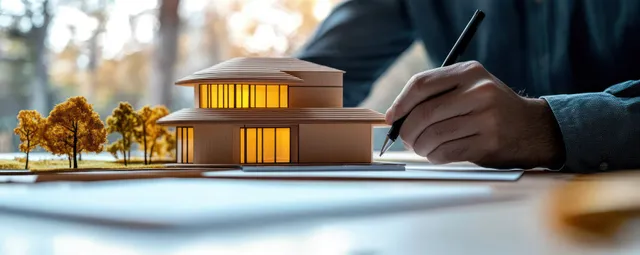 An architect’s hand sketches building plans next to a lit wooden model house on a desk.
