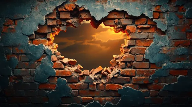 A damaged brick wall with a large jagged hole, scattered debris, and warm sunset light spilling through.