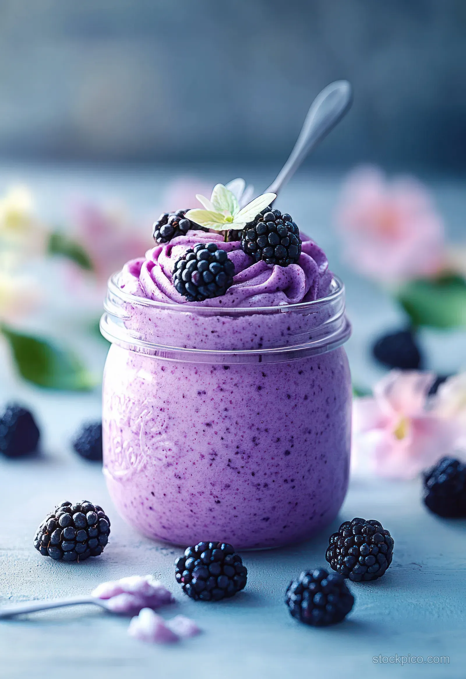 Purple blackberry mousse in a glass jar with blackberries, a spoon, and soft flowers on a blue background.