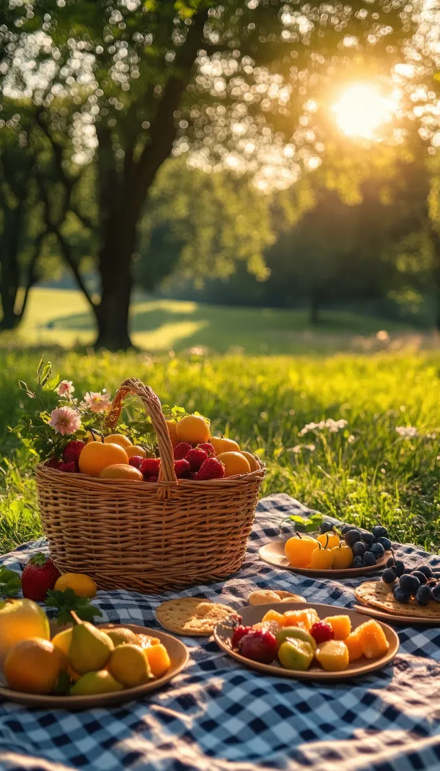 Wicker picnic basket with fresh fruit and plates of crackers on a checkered blanket in a sunny green park.