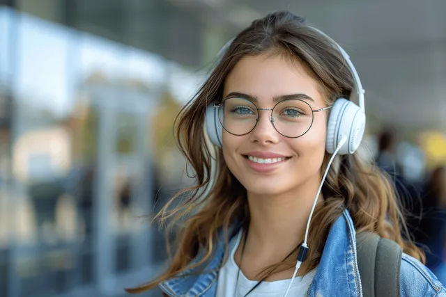 Smiling student wearing glasses and over-ear headphones stands outdoors near a university building.