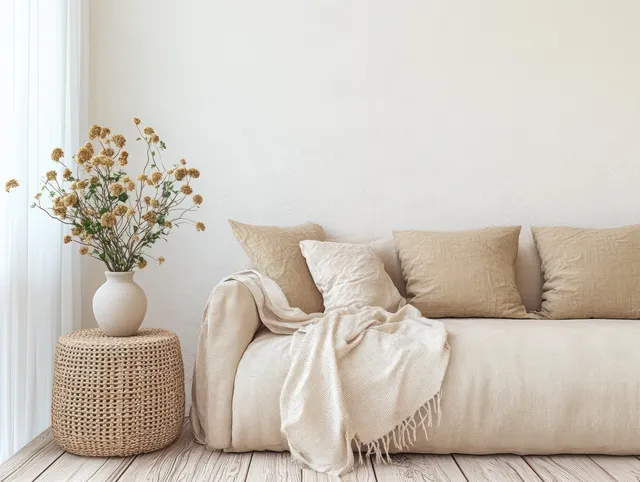 Beige sofa with cream pillows and a woven stool holding a white vase of dried flowers near a window.