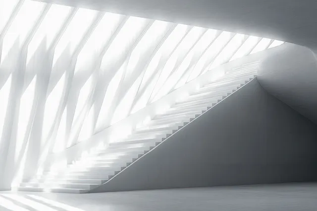 Minimalist staircase inside a bright hall with daylight filtering through geometric ceiling panels and casting long shadows.