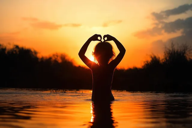 Silhouetted figure waist-deep in lake making a heart with hands at orange sunset