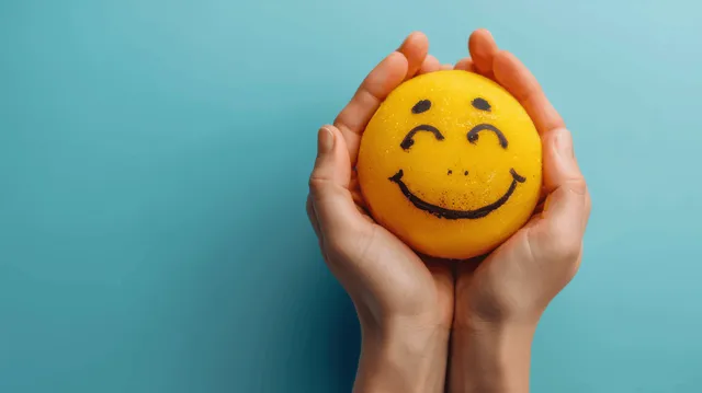 Hands holding a yellow smiling face stress ball against a light blue background.