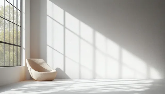 A beige cushion sits on a white floor in a minimalist room while window light creates long shadows on the wall.