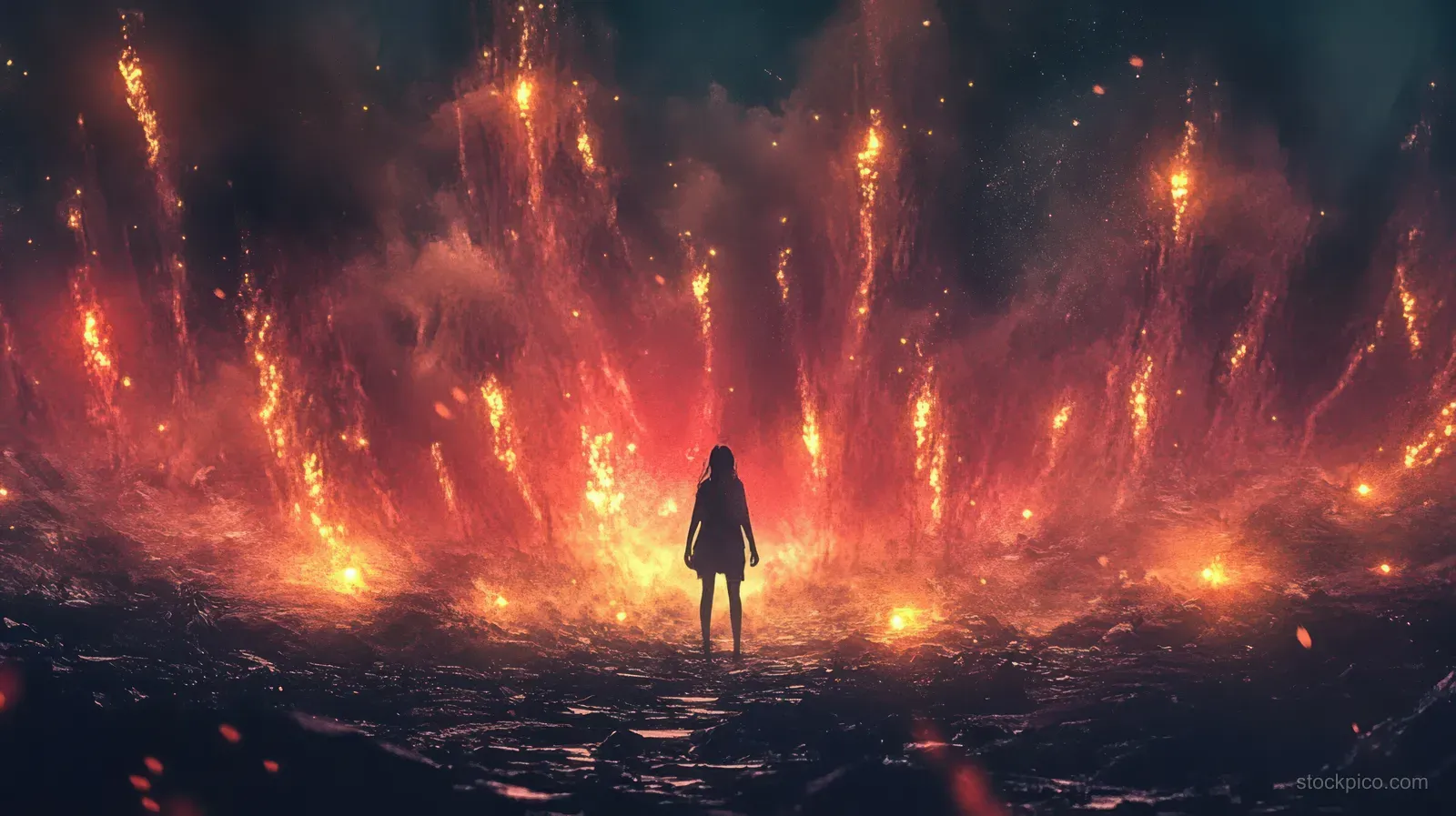 A warrior woman stands in a dark forest as glowing fiery spirits and embers swirl around her at night.