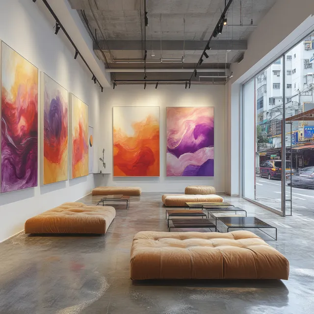 Minimalist gallery interior showing vibrant abstract paintings on white walls with lounge seating under soft lighting.