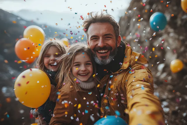 Family outdoors at a Fourth of July party, smiling with American-themed balloons and confetti in the air.