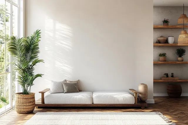 Minimalist Scandinavian living room with blank wall, natural light, and potted plants