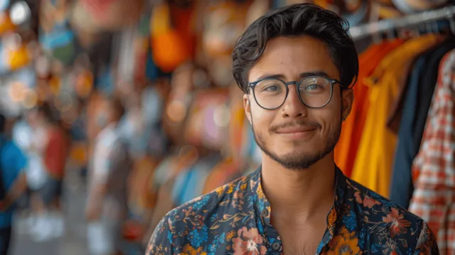 Young man with glasses smiles in a floral shirt while colorful street textiles fill the background.