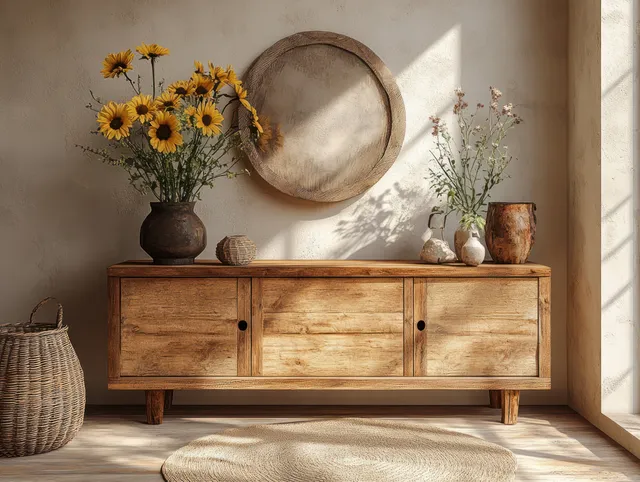 Minimalist wooden sideboard with vases and books against a beige wall, lit by soft natural light.