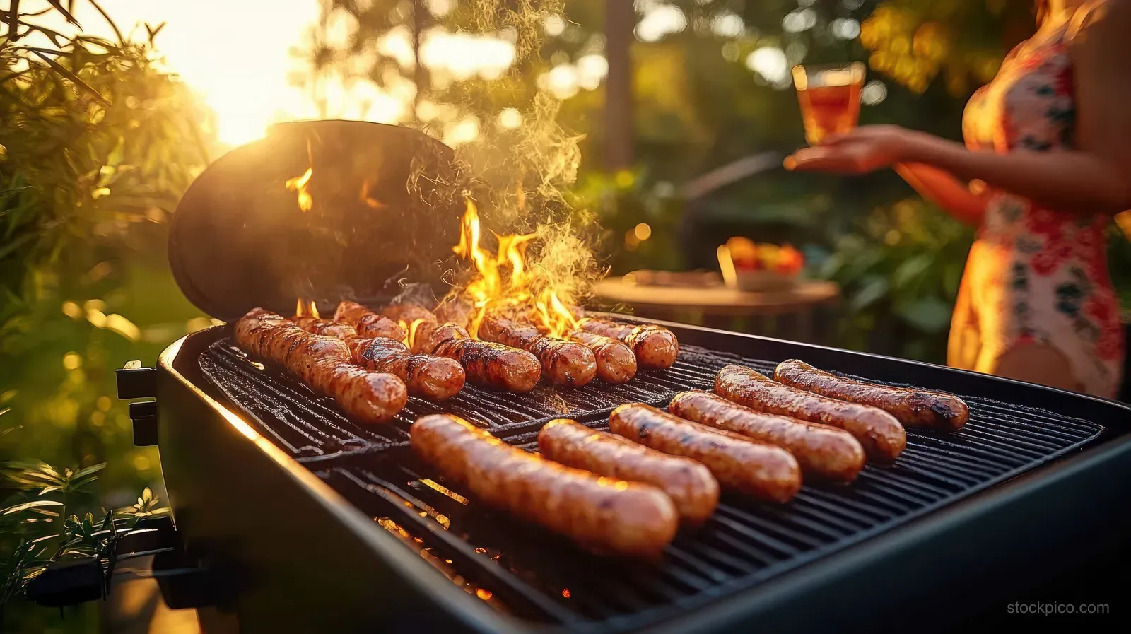 Sausages sizzle on a barbecue grill in warm sunset light during an outdoor friends gathering.