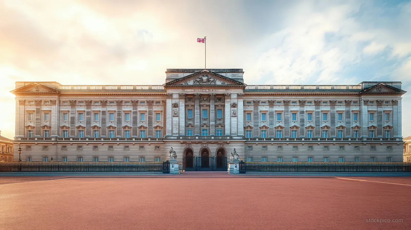 Symmetrical historic palace facade with windows and arches, a flag on top, and a paved courtyard at sunrise.