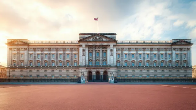 Symmetrical historic palace facade with windows and arches, a flag on top, and a paved courtyard at sunrise.