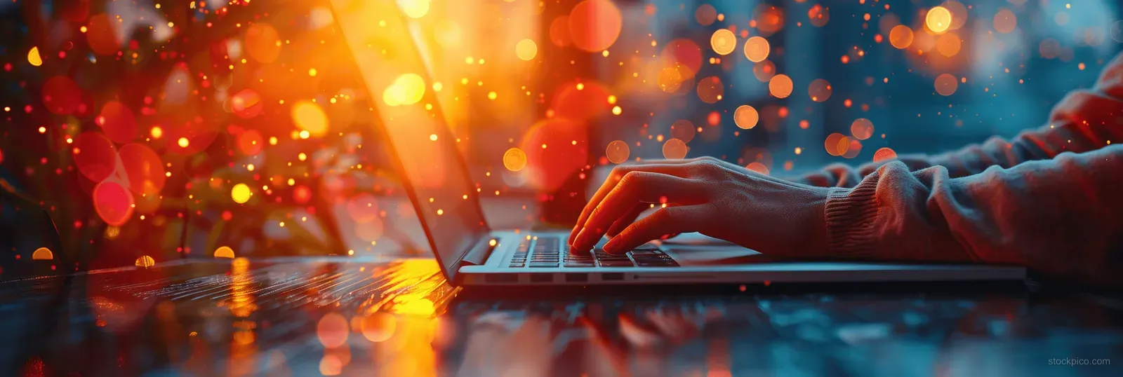 A woman’s hands typing on a laptop keyboard on a home office desk with warm glowing bokeh lights.