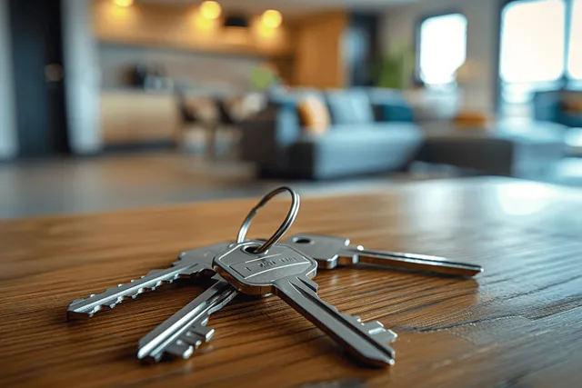 House keys rest on a wooden desk in a sunlit living room with blurred furniture in the background.