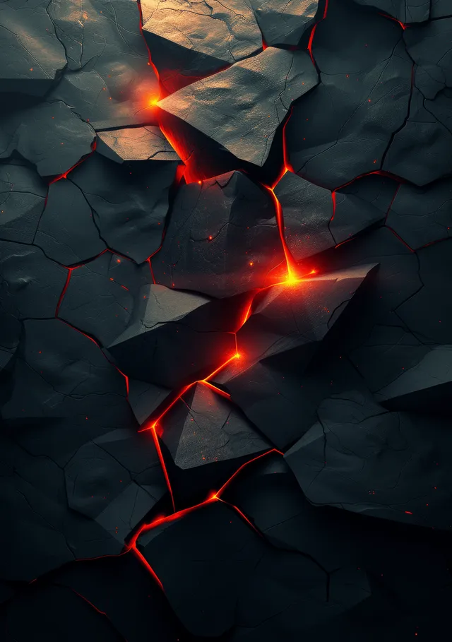 Futuristic cracked black metal wall with glowing red cyber circuit edges