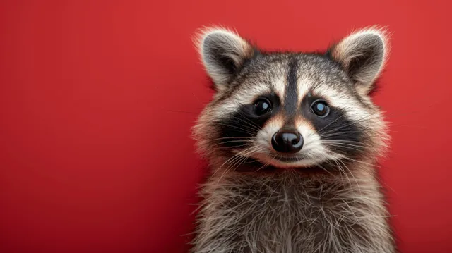 Adorable raccoon peeks from a vibrant red background, showcasing its expressive eyes and fluffy fur with ample copy space.