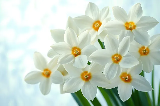 Close-up of white five-petal blossoms with yellow centers and a softly blurred spring background.