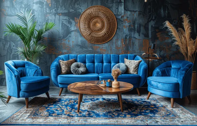 Blue velvet sofa and armchairs surround a leather coffee table in a dark wallpaper living room with pampas decor.