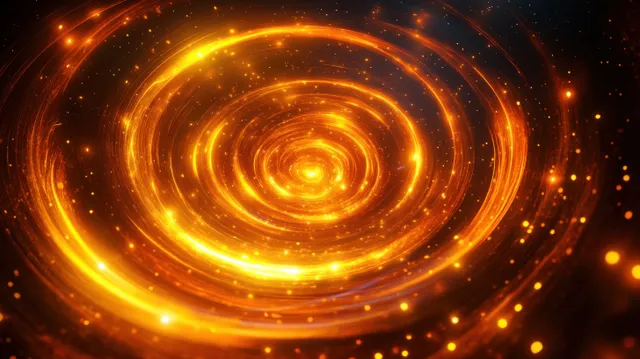 Glowing golden concentric circles swirl into a dark vortex with bright sparkles and trailing light particles.