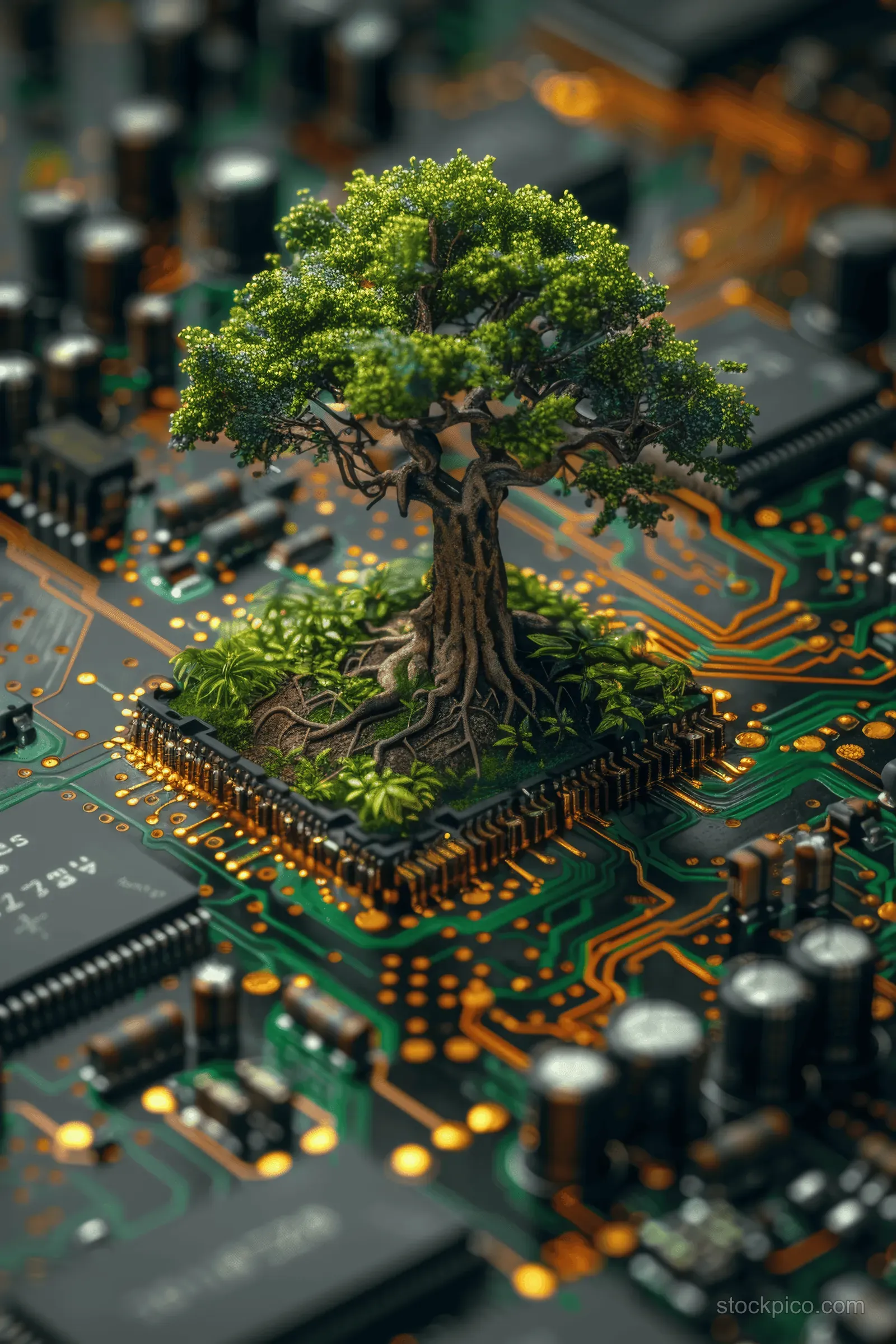 A tree growing from a computer motherboard with roots and leaves merging into glowing circuit traces.