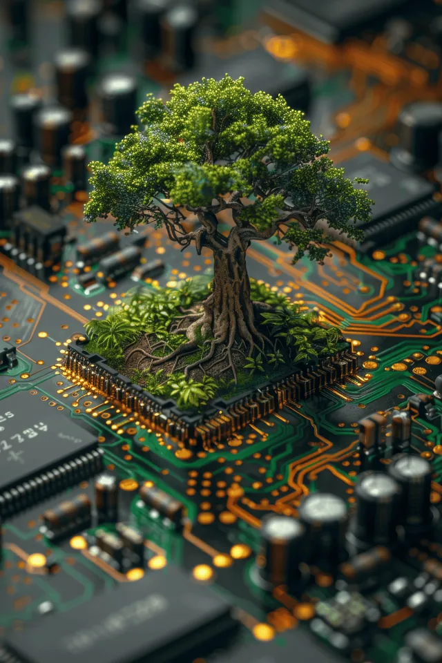 Tree growing from a computer motherboard, blending roots with glowing circuit traces