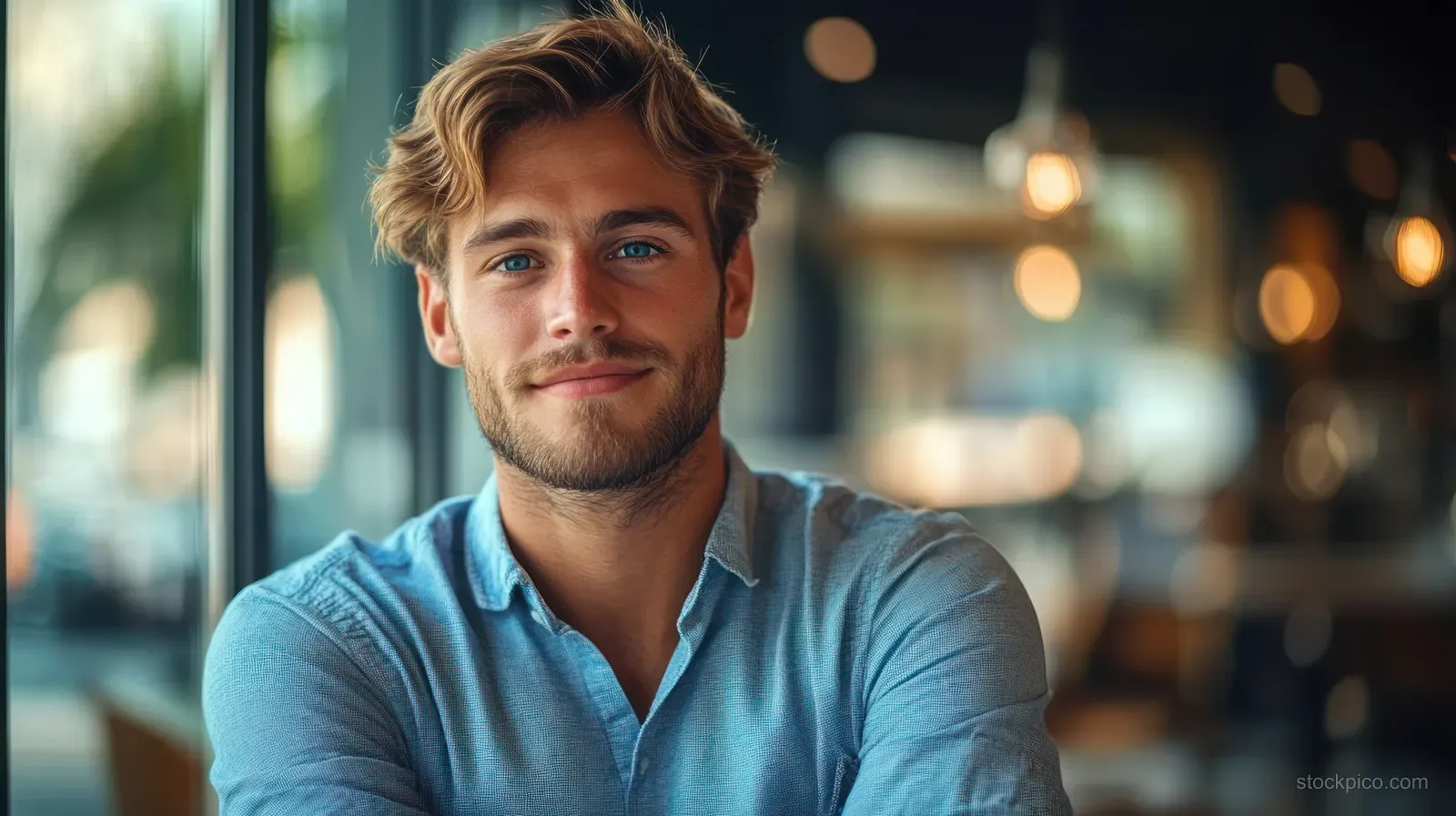 A young man in a blue shirt sits in a modern cafe with soft natural light and blurred background.