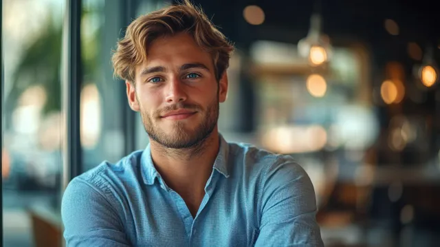 A young man in a blue shirt sits in a modern cafe with soft natural light and blurred background.