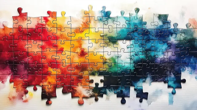 Unfinished jigsaw puzzle pieces with watercolor paint gradient from warm reds to cool blues