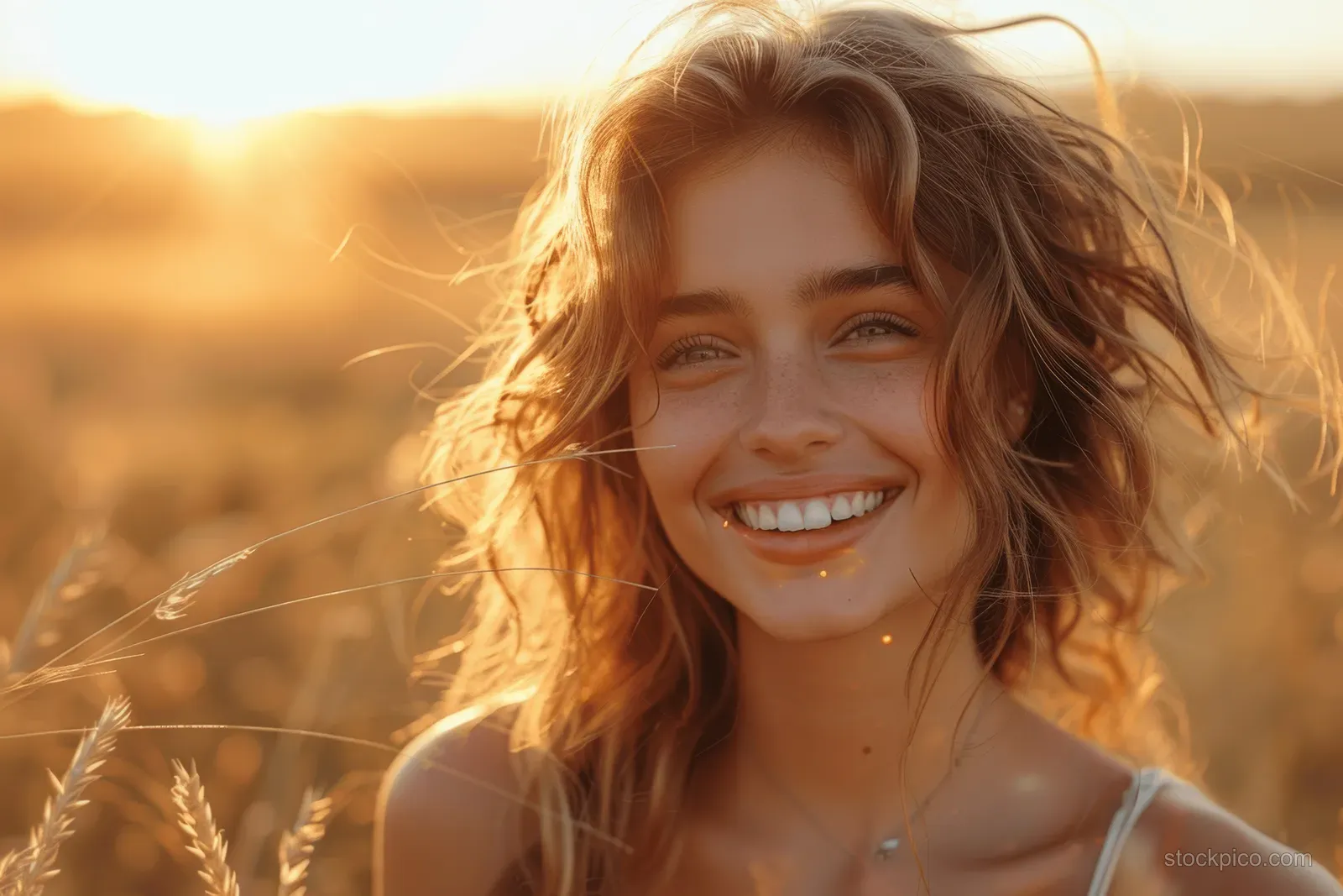 A laughing woman with long boho hair smiles in a golden hour meadow with sunlit grass.