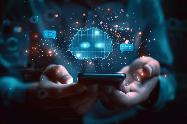 Businessman holds smartphone while AI chat assistant icons float in a cyber service scene