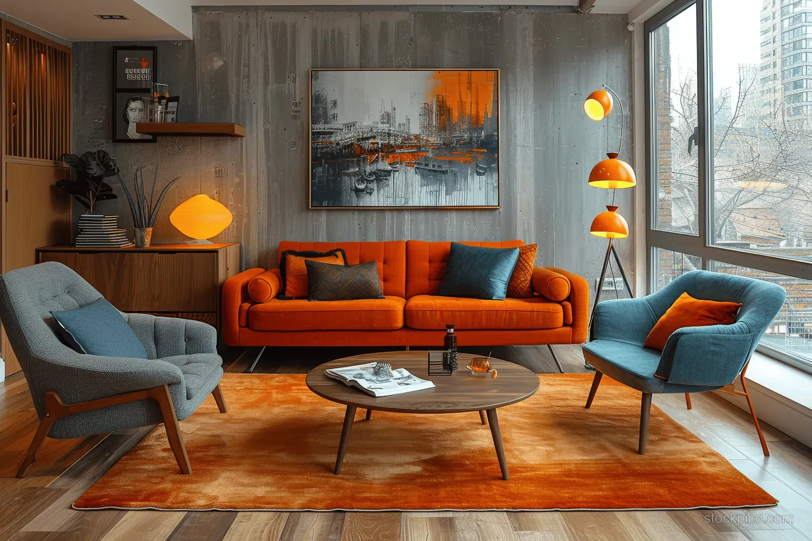 Orange sofa and blue armchairs in a Scandinavian living room with wooden sideboard, coffee table, and floor lamps by large windows.