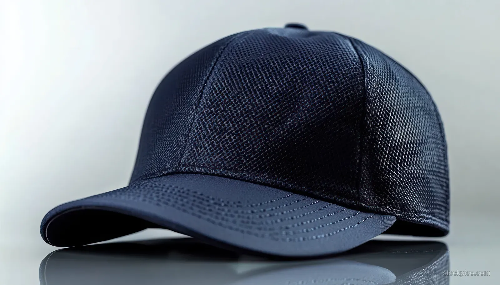 A dark navy mesh baseball cap sits on a reflective surface with soft light highlighting its woven texture and brim.